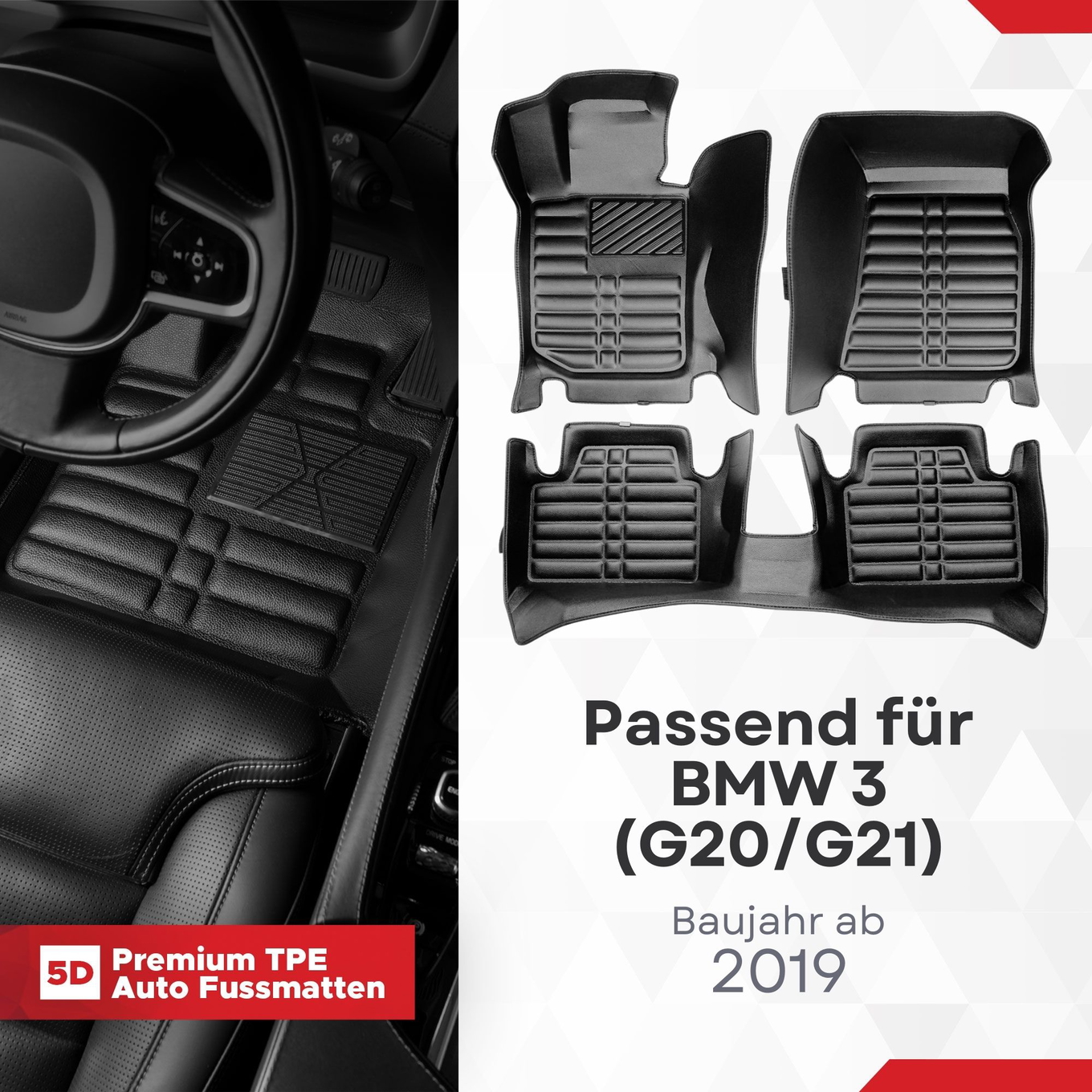 5D Premium Auto Fussmatten TPE Set passend für BMW 3 (G20/G21) Baujahr ab 2019
