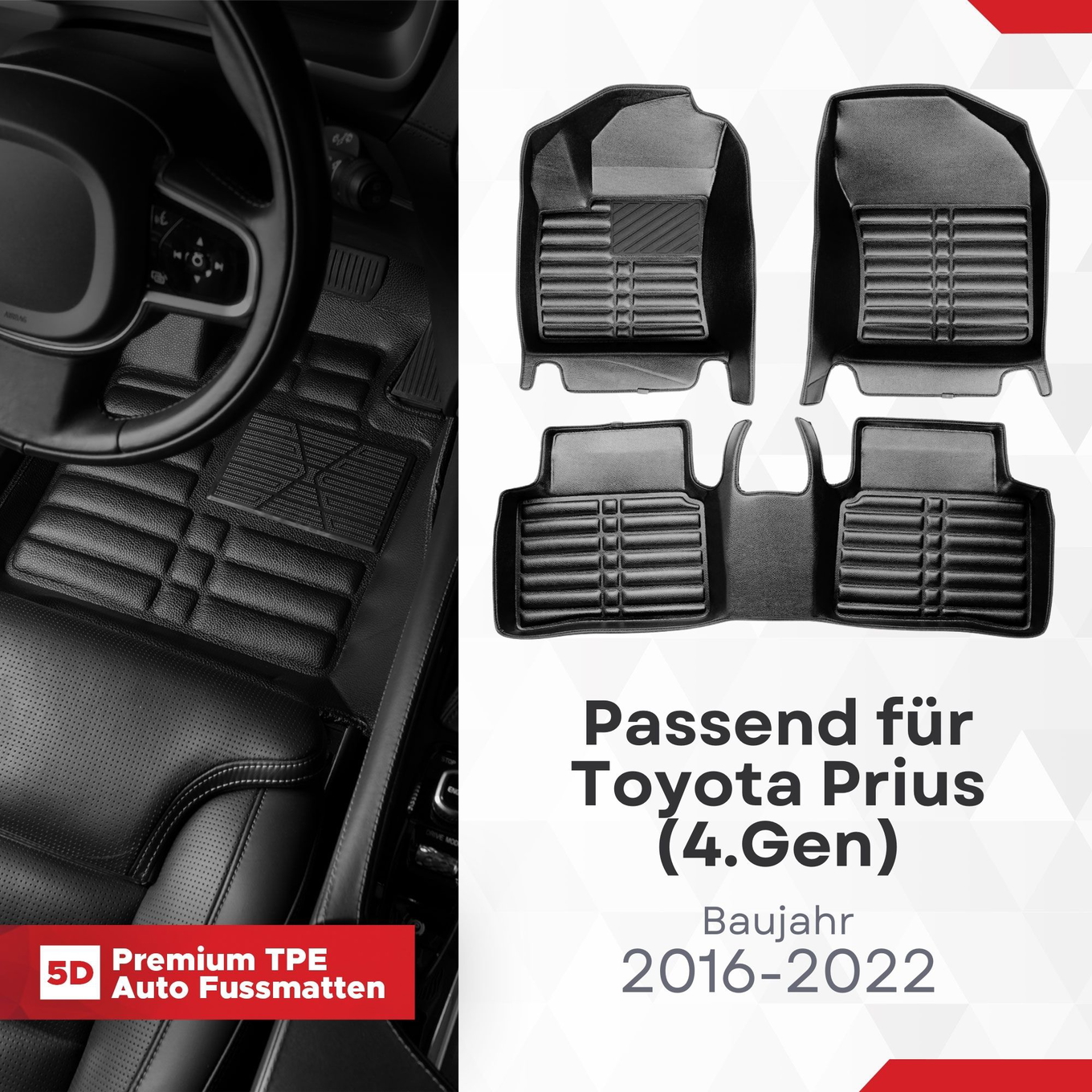 5D Premium Auto Fussmatten TPE Set passend für Toyota Prius (4.Gen) Baujahr 2016-2022 1