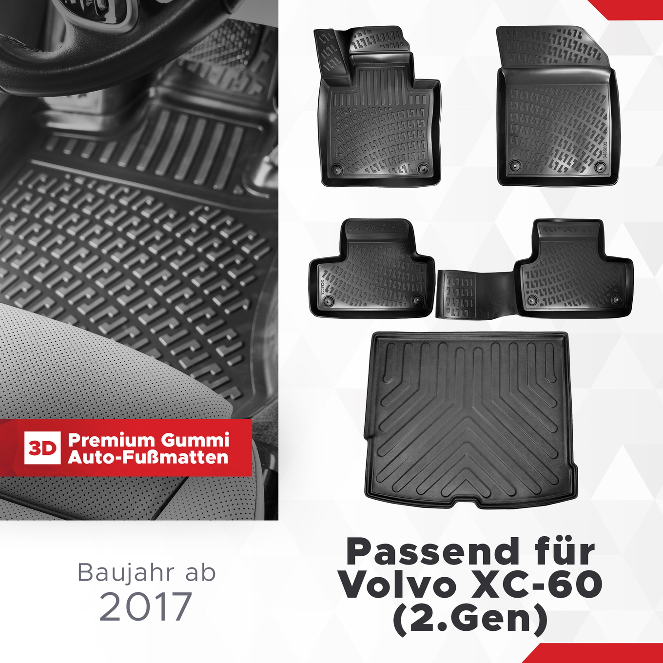 3D Auto Gummimatten & Kofferraumwanne Set für Volvo XC60 (2.Gen) Baujahr ab 2017 ( Mitteltunnel passt Nicht in Recharge ) 1