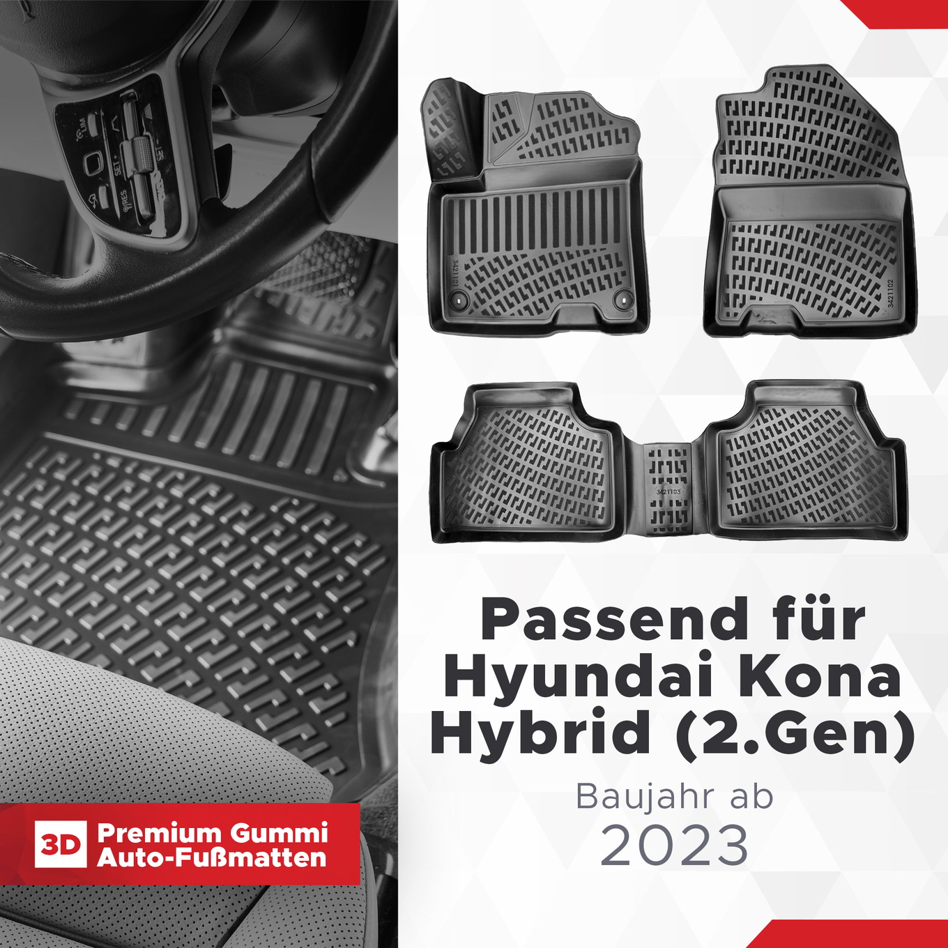3D Auto Fussmatten Set passend für Hyundai Kona Hybrid (2.Gen) Baujahr ab 2023 ( passt nicht für Elektromodell ) 1