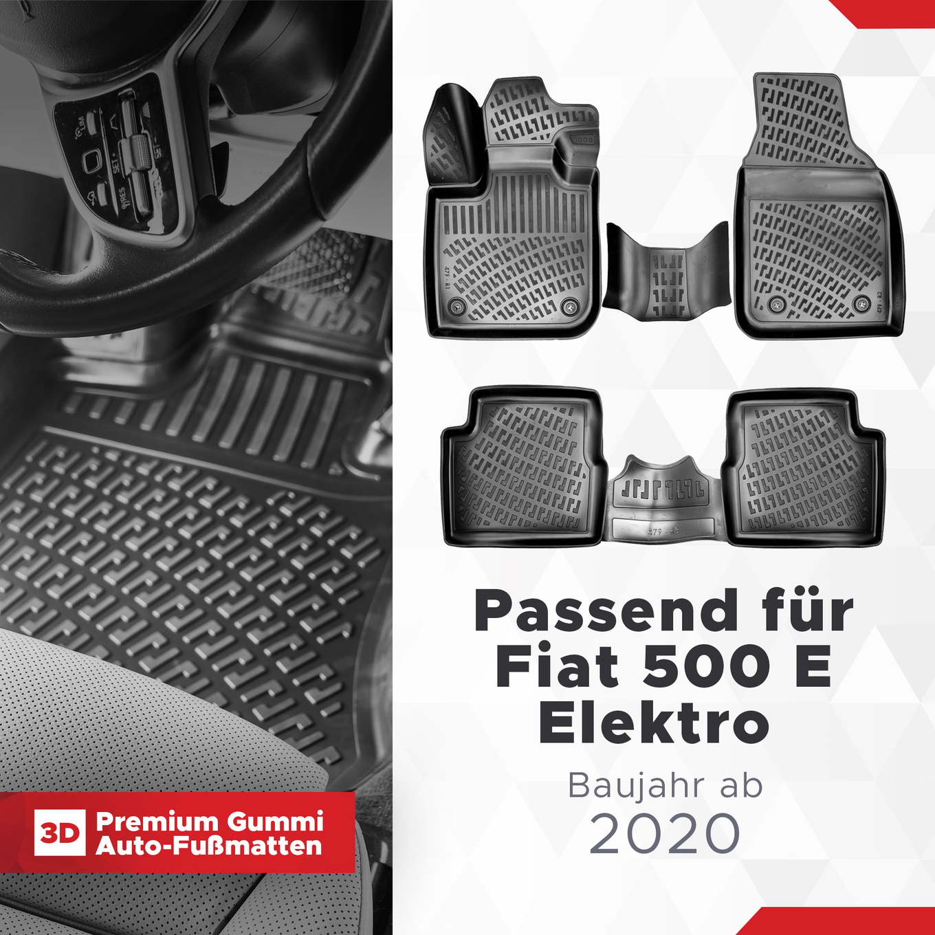 3D Auto Fussmatten Set passend für Fiat 500 E Elektro Baujahr ab 2020 1