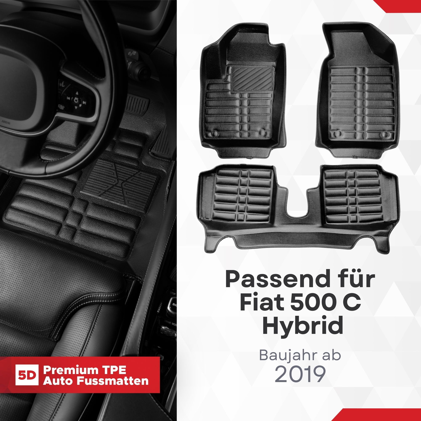 5D Premium Auto Fussmatten TPE Set passend für Fiat 500 C Hybrid Baujahr ab 2019 1