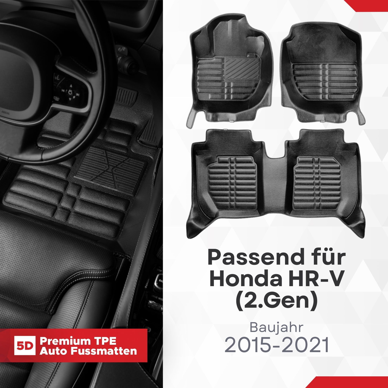 5D Premium Auto Fussmatten TPE Set passend für Honda HR-V (2.Gen) Baujahr 2015-2021 1