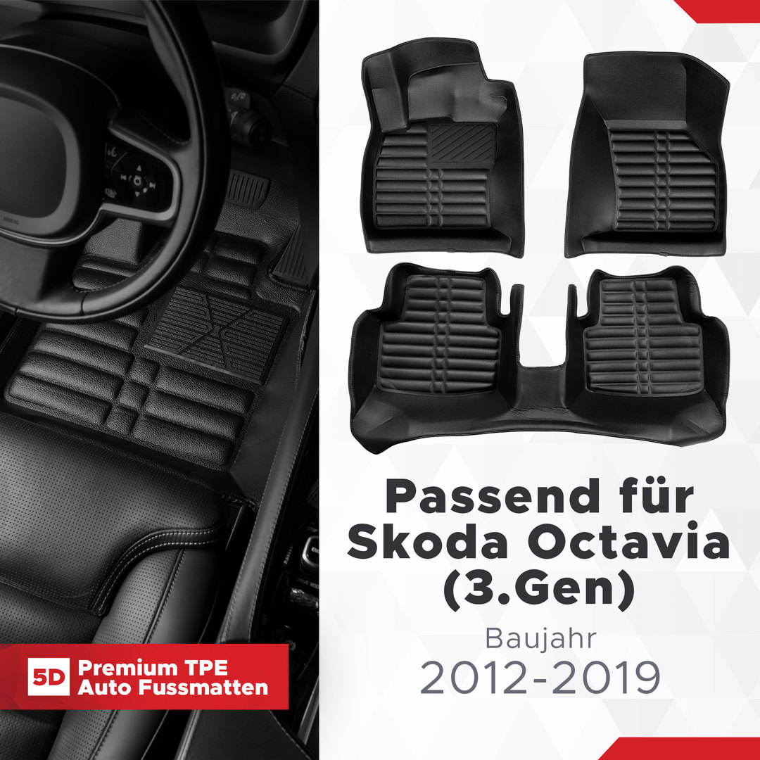 5D Premium Auto Fussmatten TPE Set passend für Skoda Octavia (3.Gen) Baujahr 2012-2019