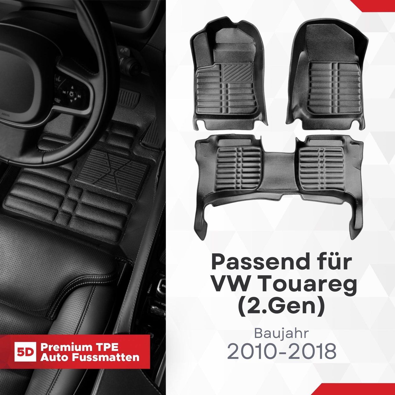 5D Premium Auto Fussmatten TPE Set passend für VW Touareg (2.Gen) Baujahr 2010-2018 1
