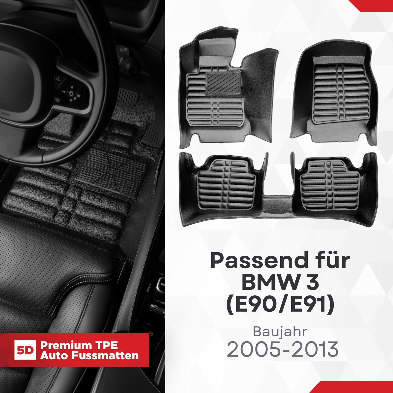 5D Premium Auto Fussmatten TPE Set passend für BMW 3 (E90/E91) Baujahr 2005-2013 1