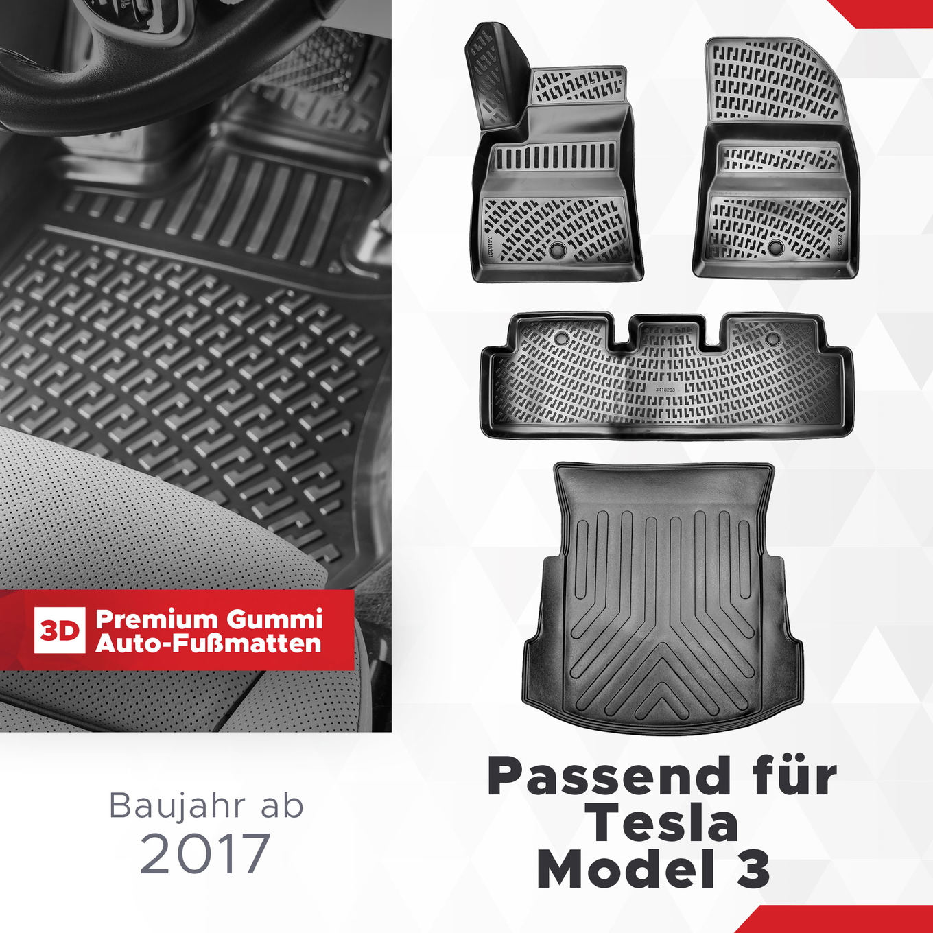 3D Auto Gummimatten & Kofferraumwanne Set für Tesla Model 3 Baujahr ab 2017
