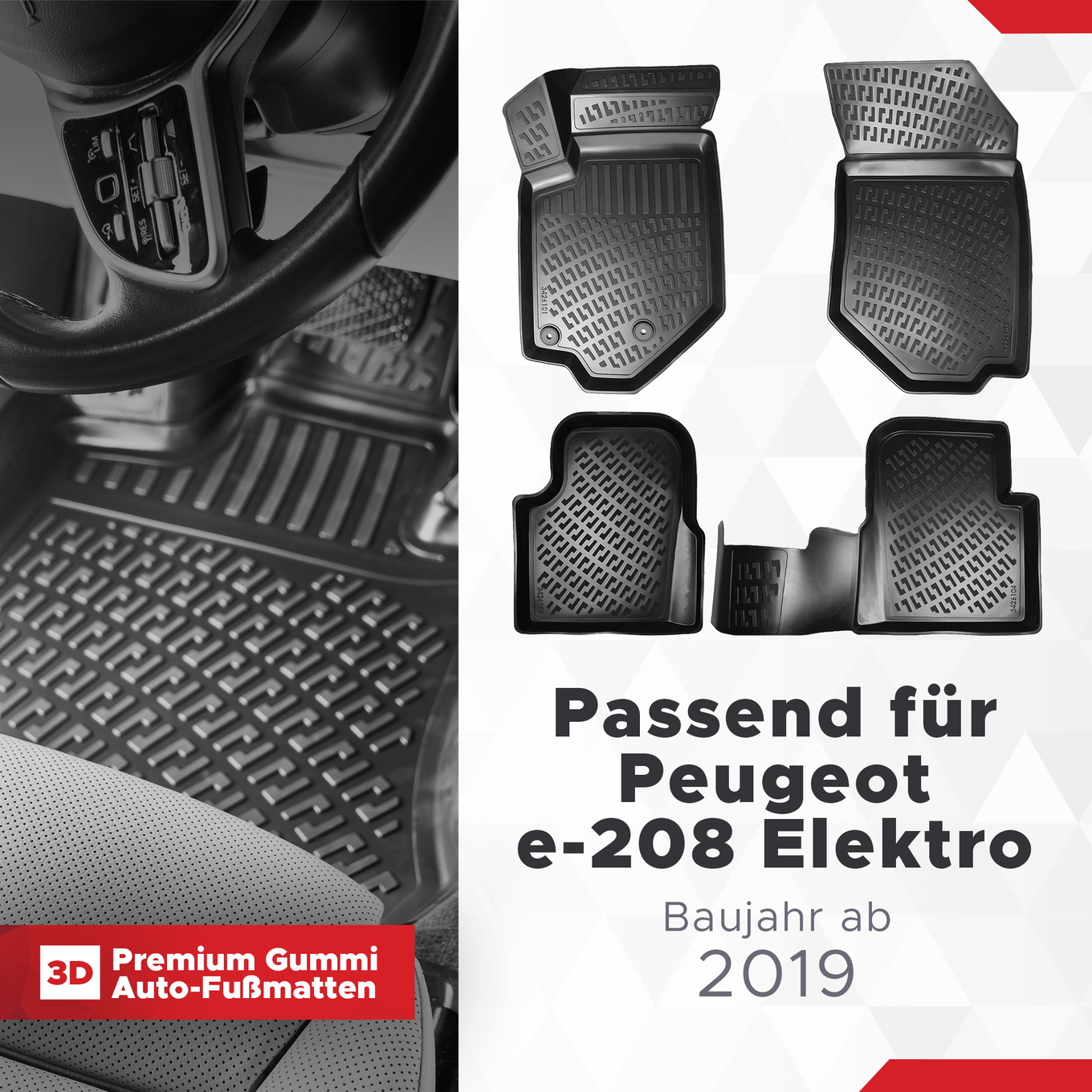 3D Auto Fussmatten Set passend für Peugeot e-208 Elektro Baujahr ab 2019 1
