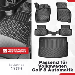 3D Auto Gummimatten & Kofferraumwanne Set für VW Golf 8 Automatikgetriebe Baujahr ab 2019 thumbnail