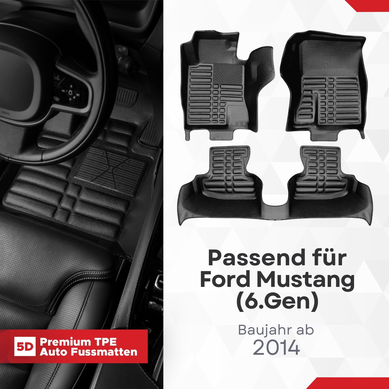5D Premium Auto Fussmatten TPE Set passend für Ford Mustang (6.Gen) Baujahr ab 2014 1