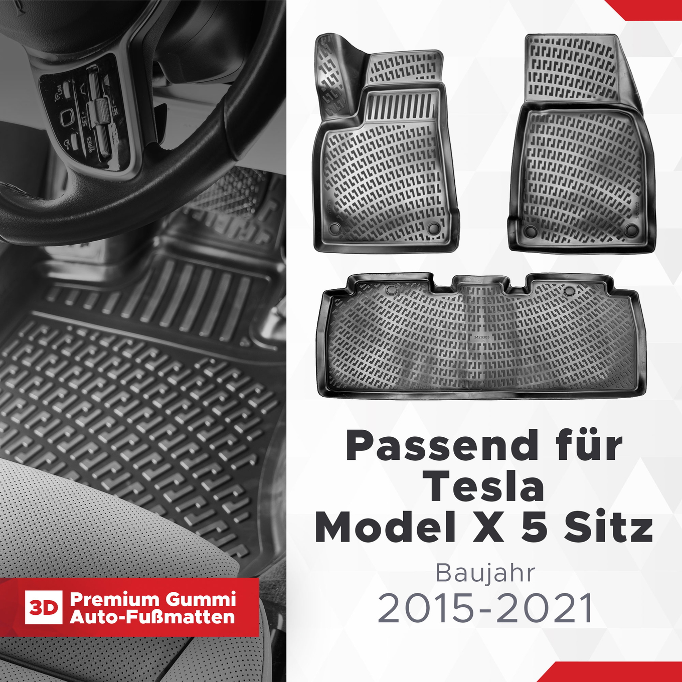 3D Auto Fussmatten Set passend für Tesla Model X 5 Sitz Baujahr 2015-2021 1