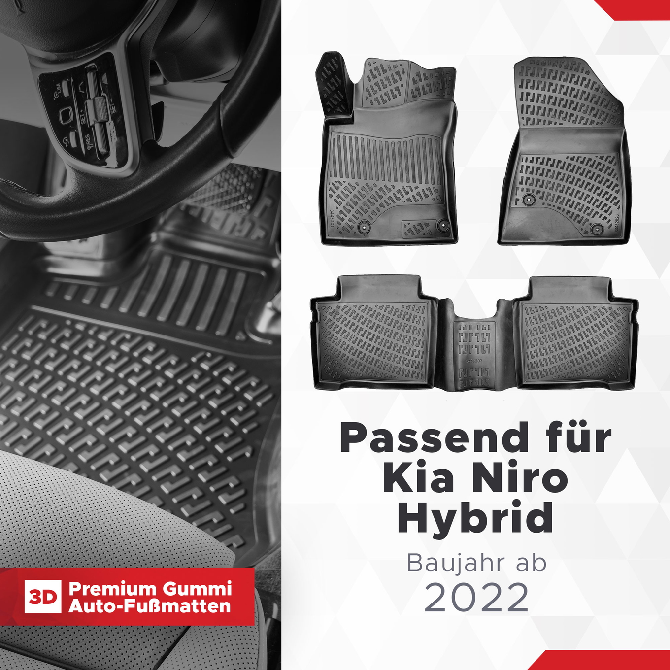 3D Auto Fussmatten Set passend für Kia Niro Hybrid Baujahr ab 2022 ( passt nicht für PHEV/Elektromodell ) 1