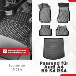 3D Auto Gummimatten & Kofferraumwanne Set für Audi A4 S4 RS4 B9 Baujahr ab 2015 thumbnail