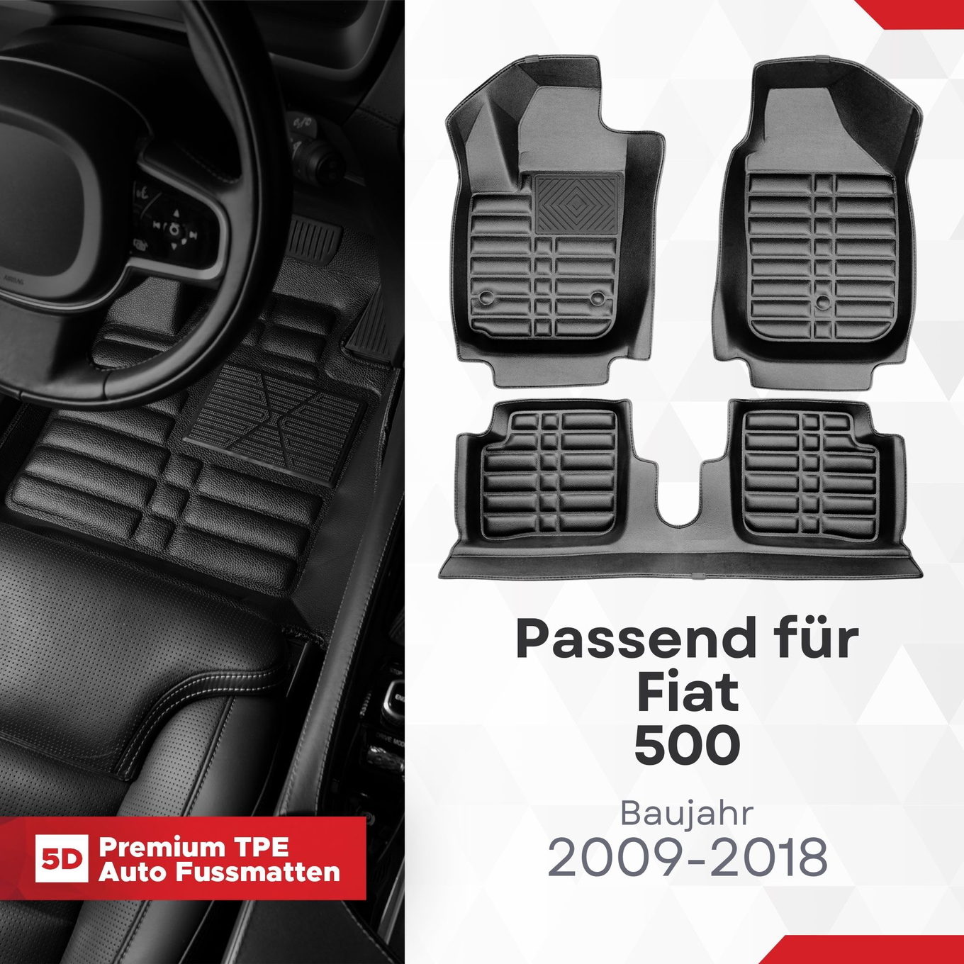 5D Premium Auto Fussmatten TPE Set passend für Fiat 500 Baujahr 2009-2018 1