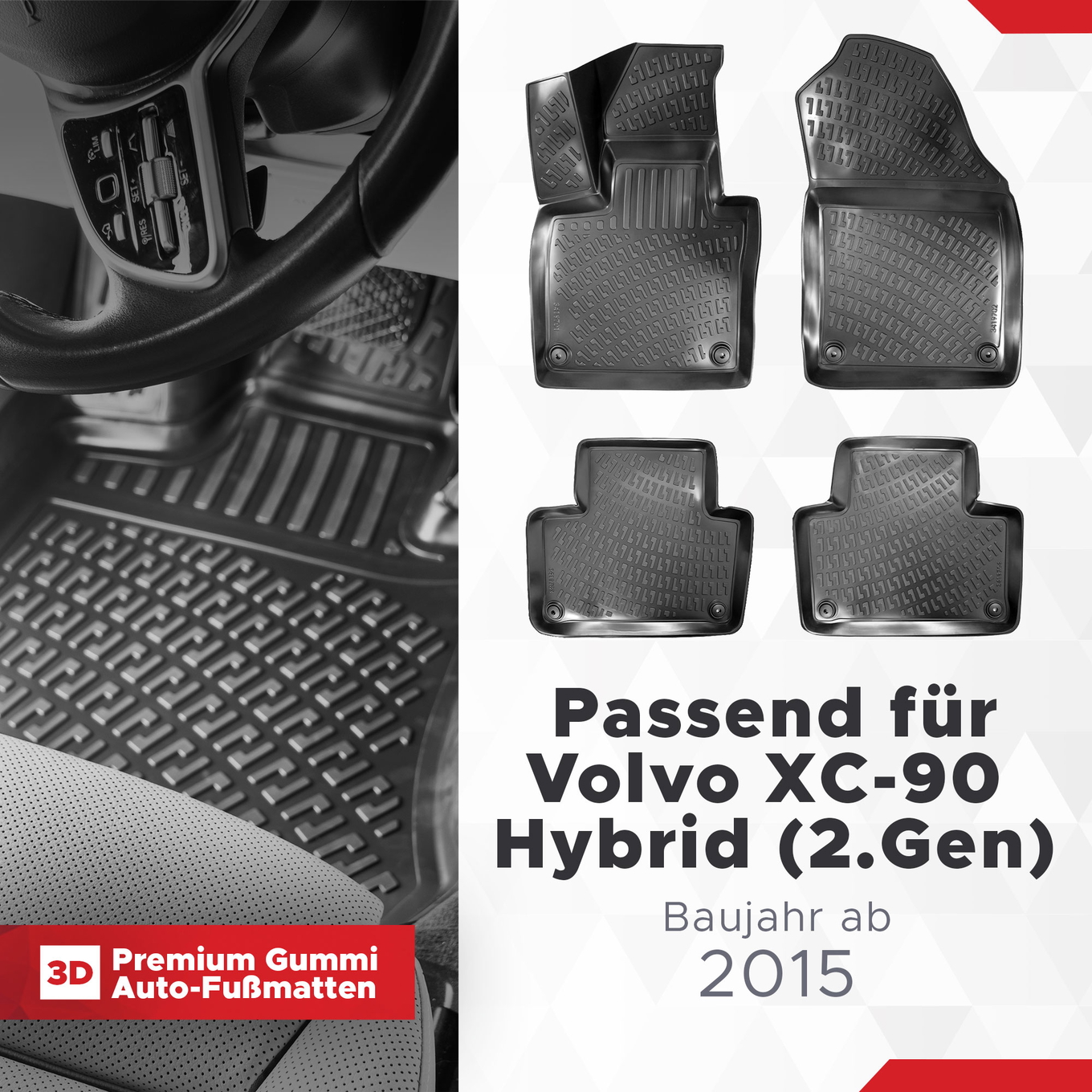 3D Auto Fussmatten Set passend für Volvo XC-90 HYBRID (2.Gen - XC90) Baujahr ab 2015 1