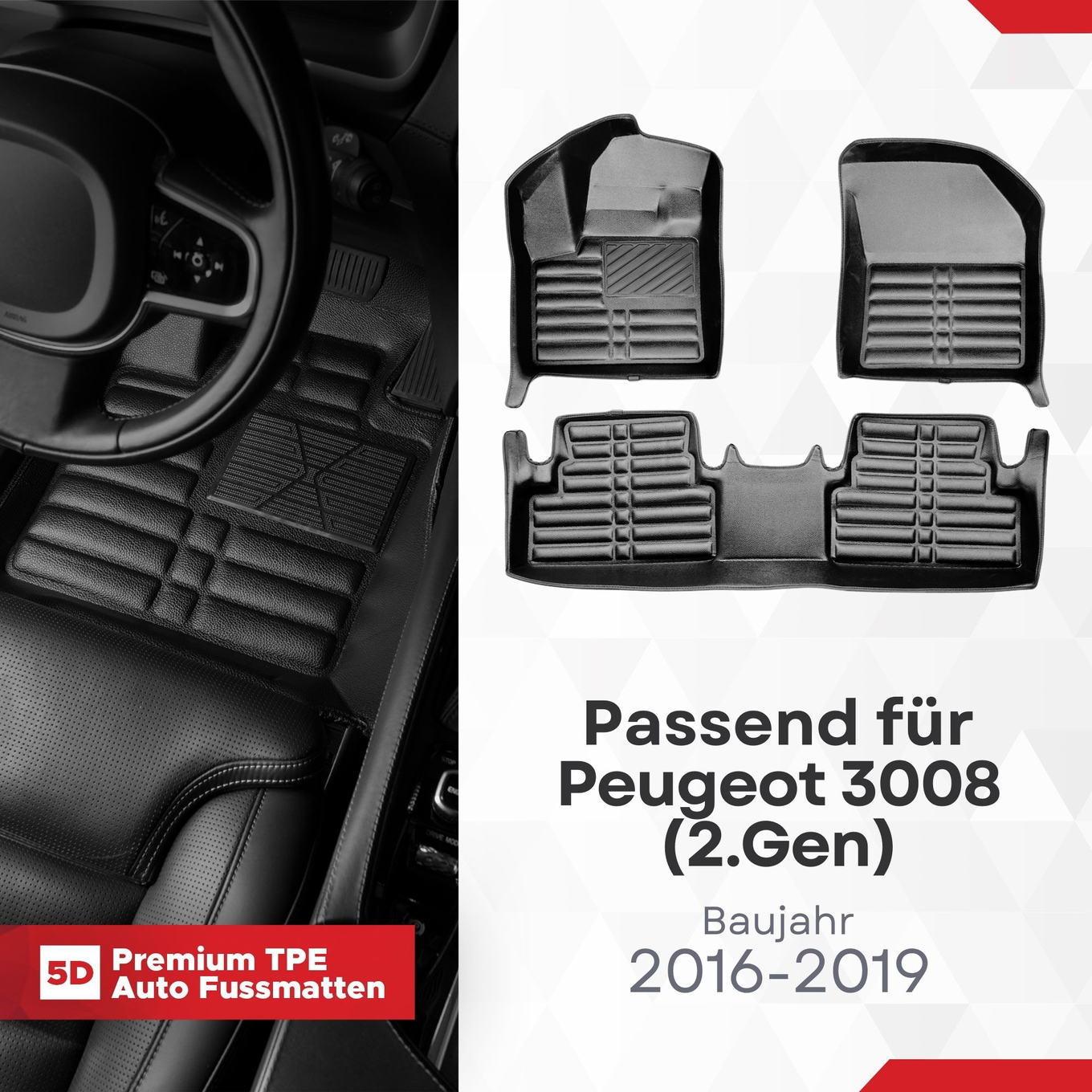 5D Premium Auto Fussmatten TPE Set passend für Peugeot 3008 (2.Gen) Baujahr 2016-2019 1