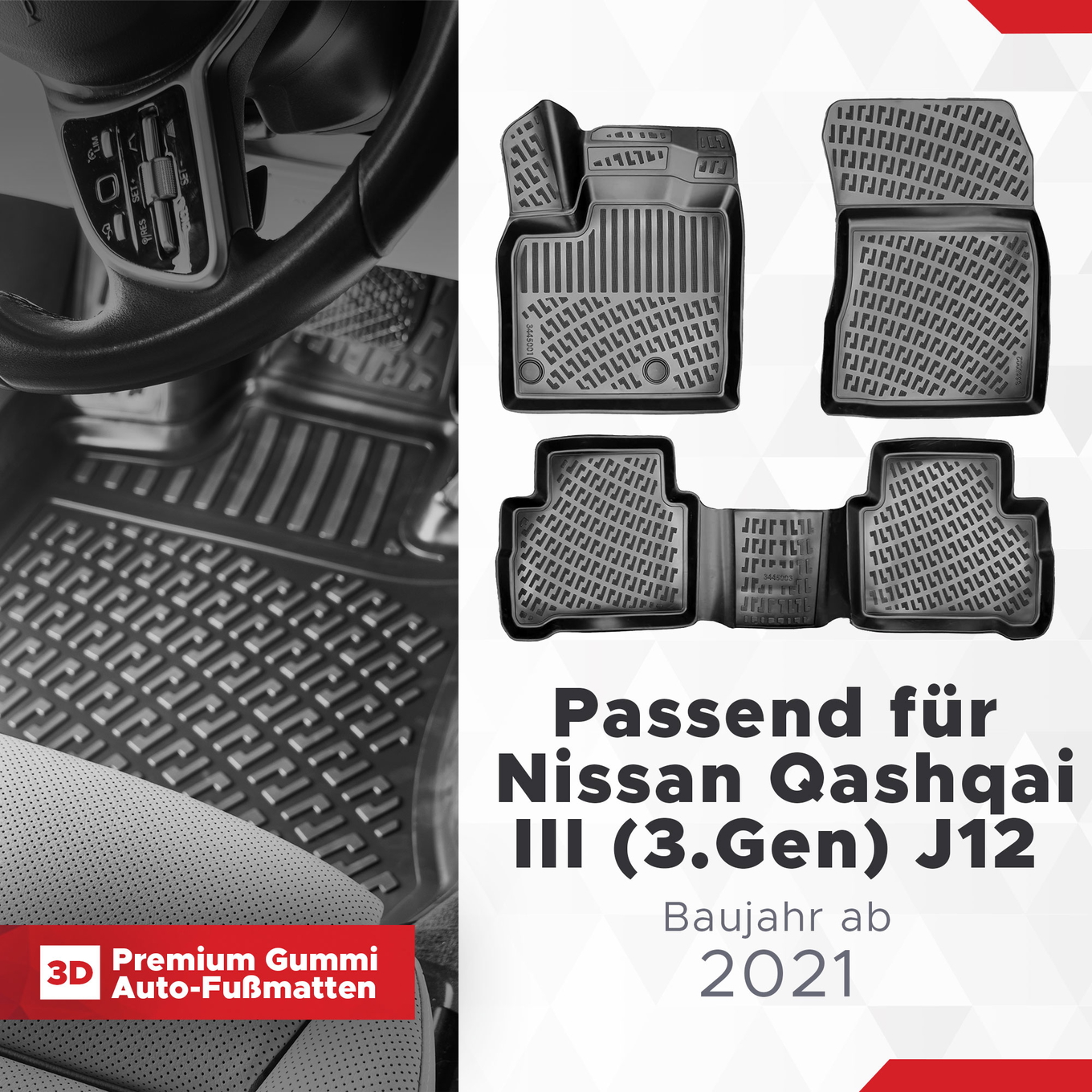 3D Fussmatten passend für Nissan Qashqai III (3.Gen) J12 ab 2021 (Passt Nicht in E-Power)