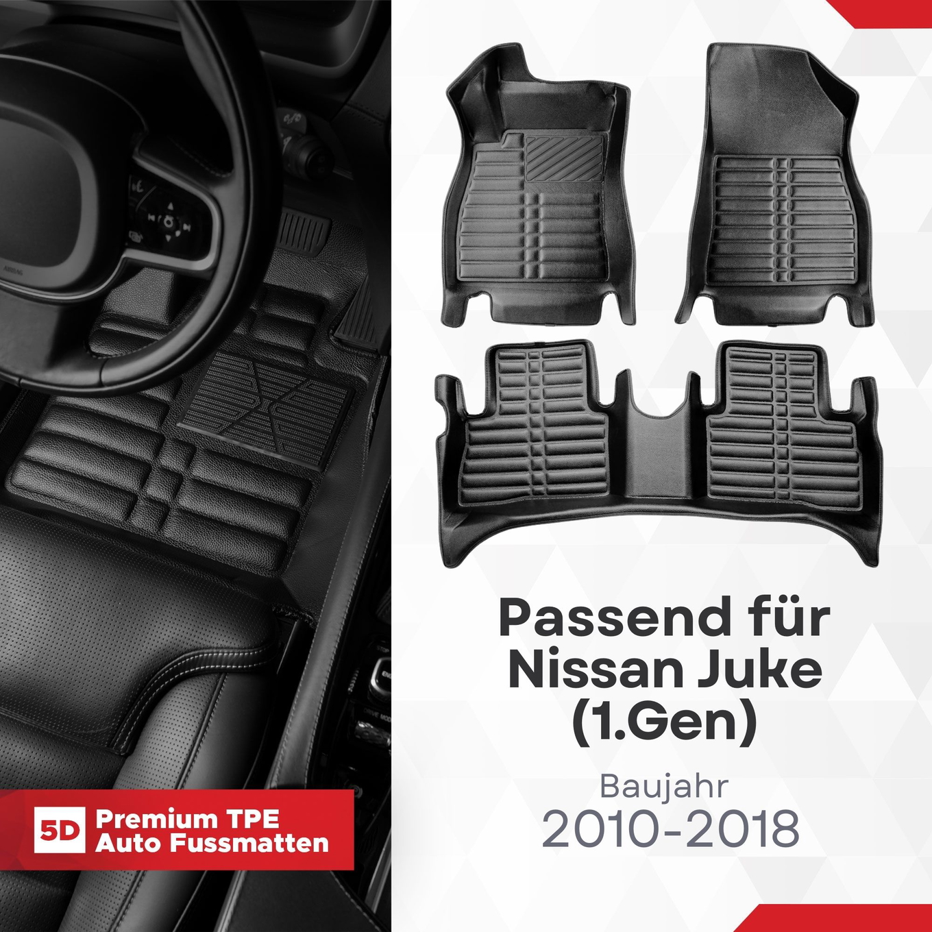 5D Premium Auto Fussmatten TPE Set passend für Nissan Juke (1.Gen) Baujahr 2010-2018 1