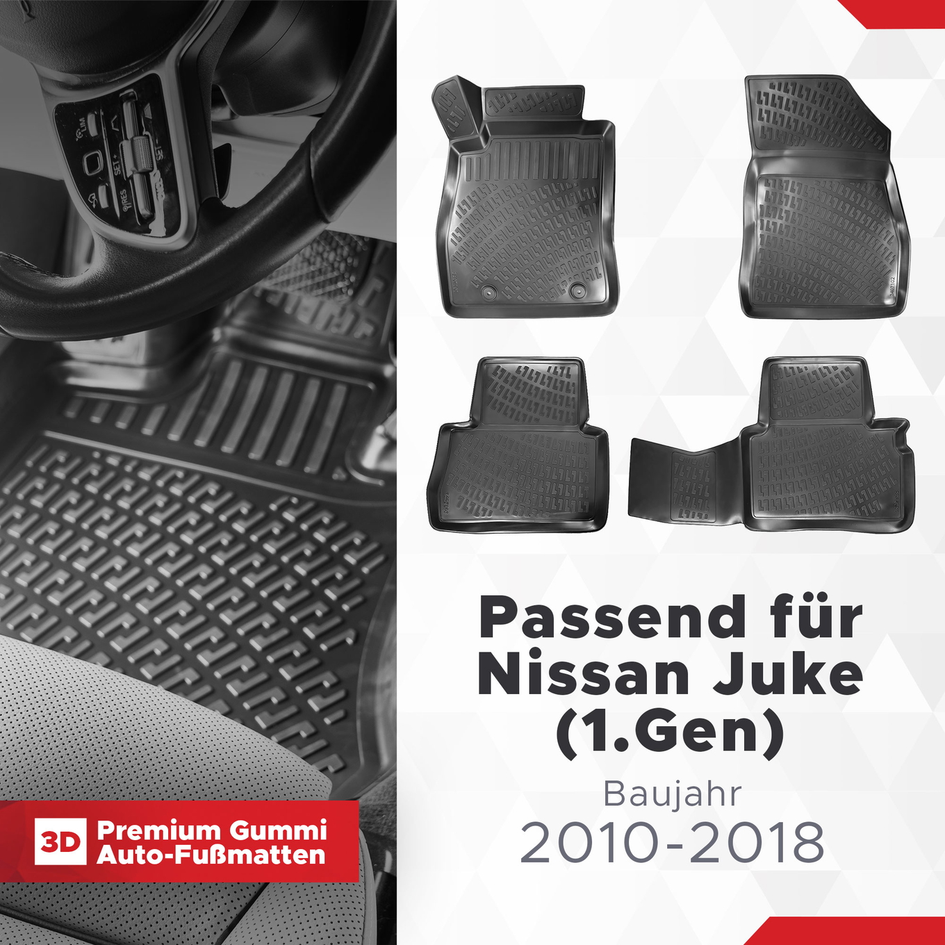 3D Auto Fussmatten Set passend für Nissan Juke (1.Gen) Baujahr 2010-2018 1