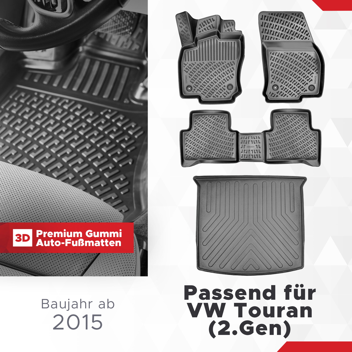 3D Auto Gummimatten & Kofferraumwanne Set für VW Touran (2.Gen) Baujahr ab 2015