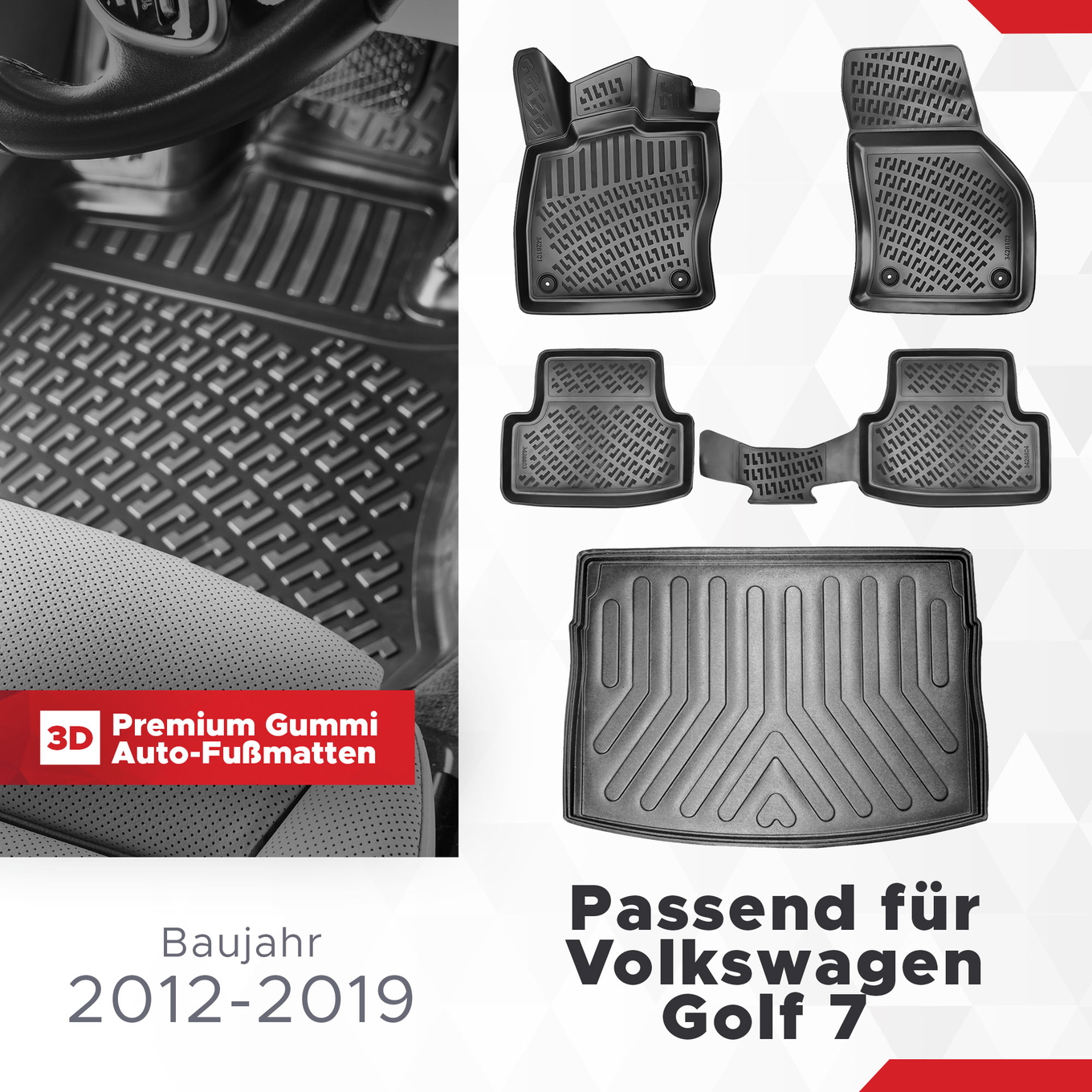 3D Auto Gummimatten & Kofferraumwanne Set für VW Golf 7 Baujahr 2012-2019