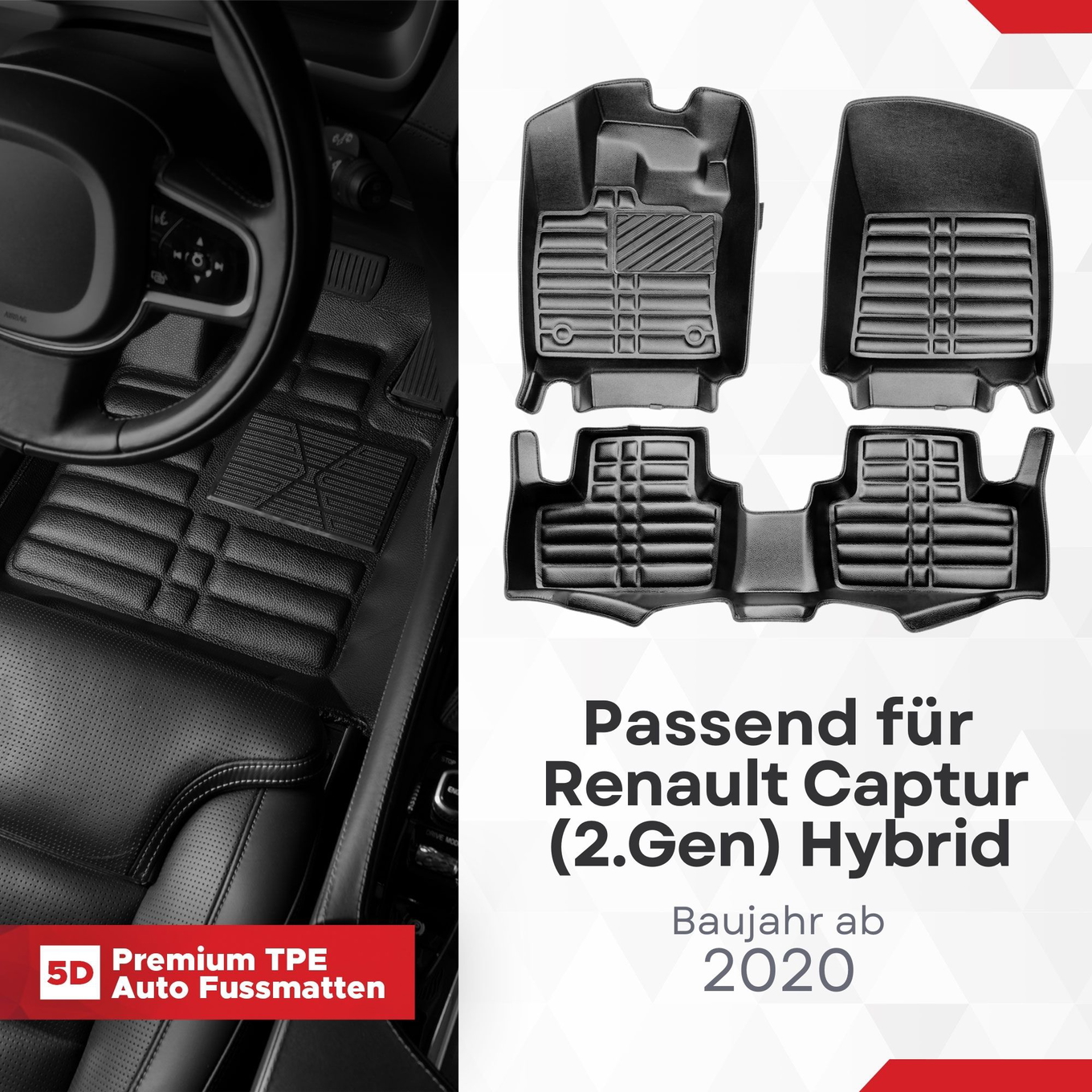 5D Premium Auto Fussmatten TPE Set passend für Renault Captur (2.Gen) Hybrid Baujahr ab 2020 1