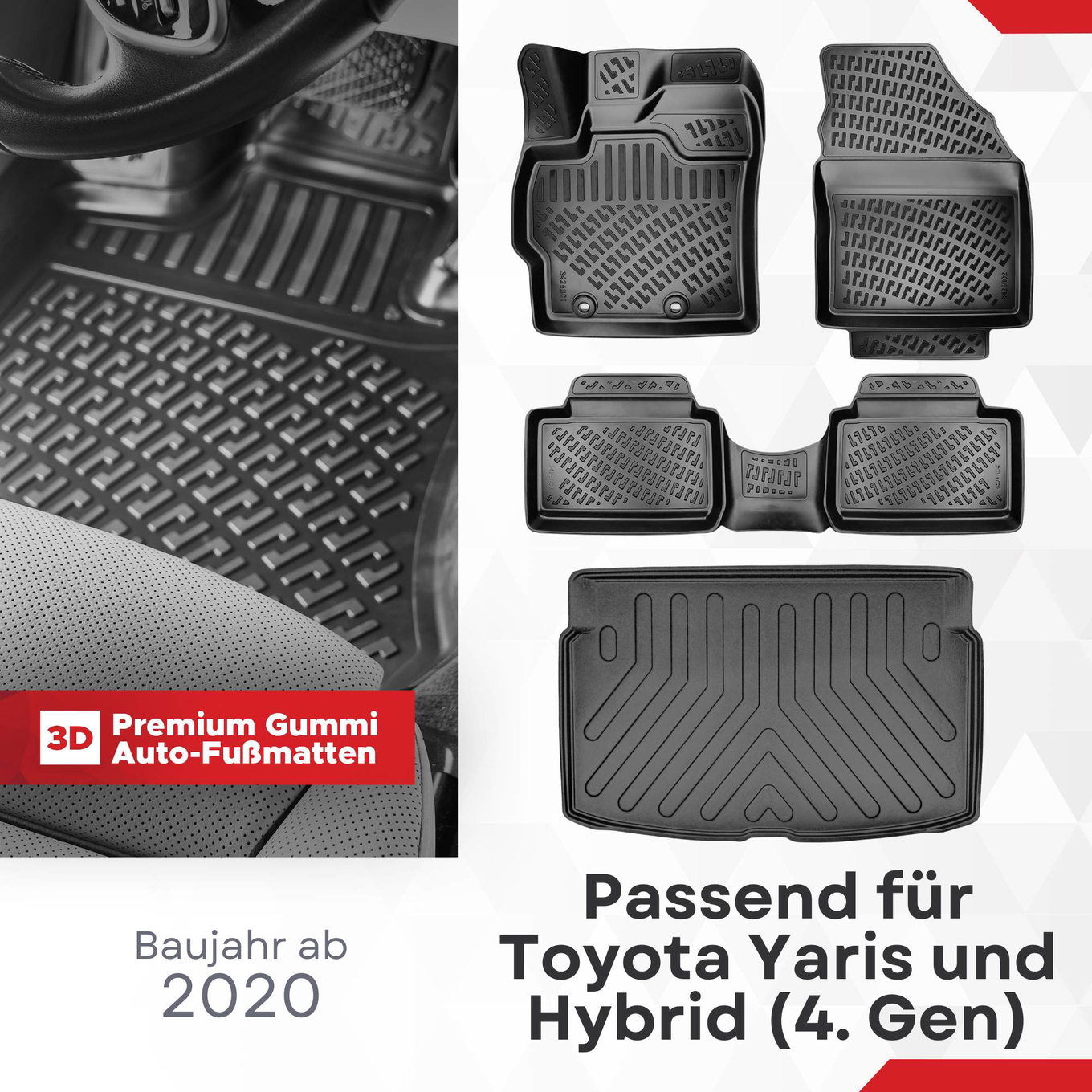 3D Auto Gummimatten & Kofferraumwanne Set für Toyota Yaris (4.Gen) Baujahr ab 2020