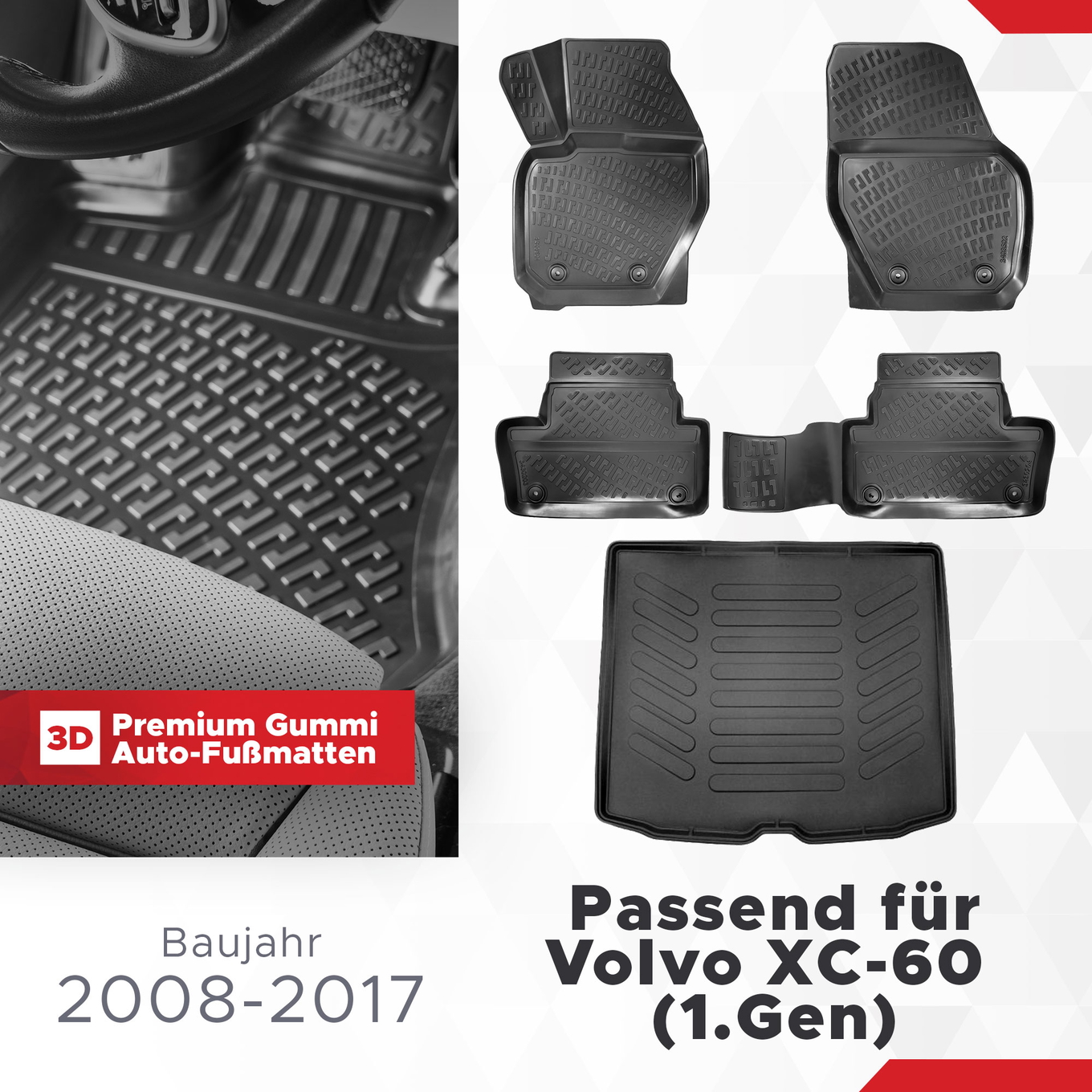 3D Auto Gummimatten & Kofferraumwanne Set für Volvo XC60 (1.Gen) Baujahr 2008-2017 1