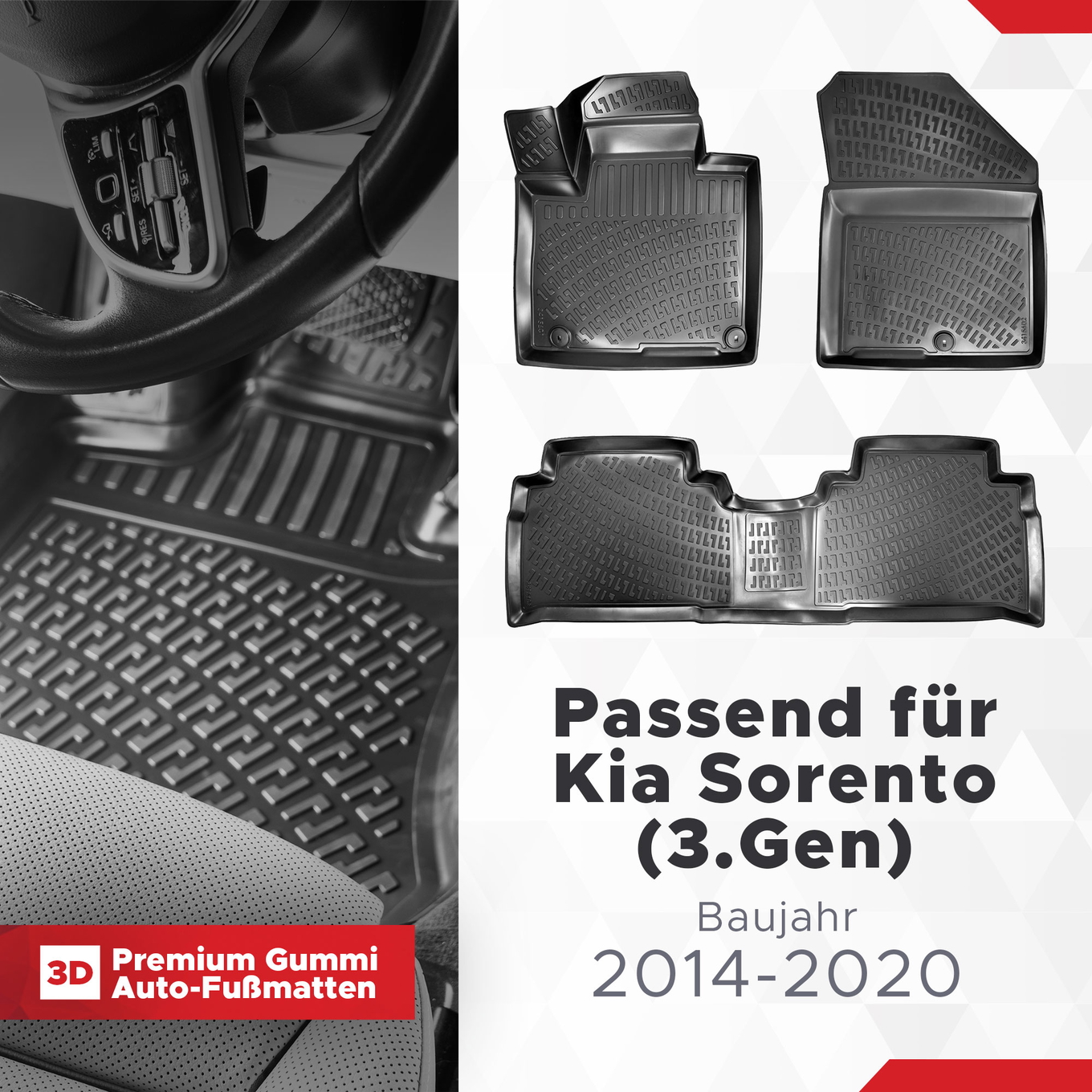 3D Auto Fussmatten Set passend für Kia Sorento (3.Gen) Baujahr 2014-2020 1
