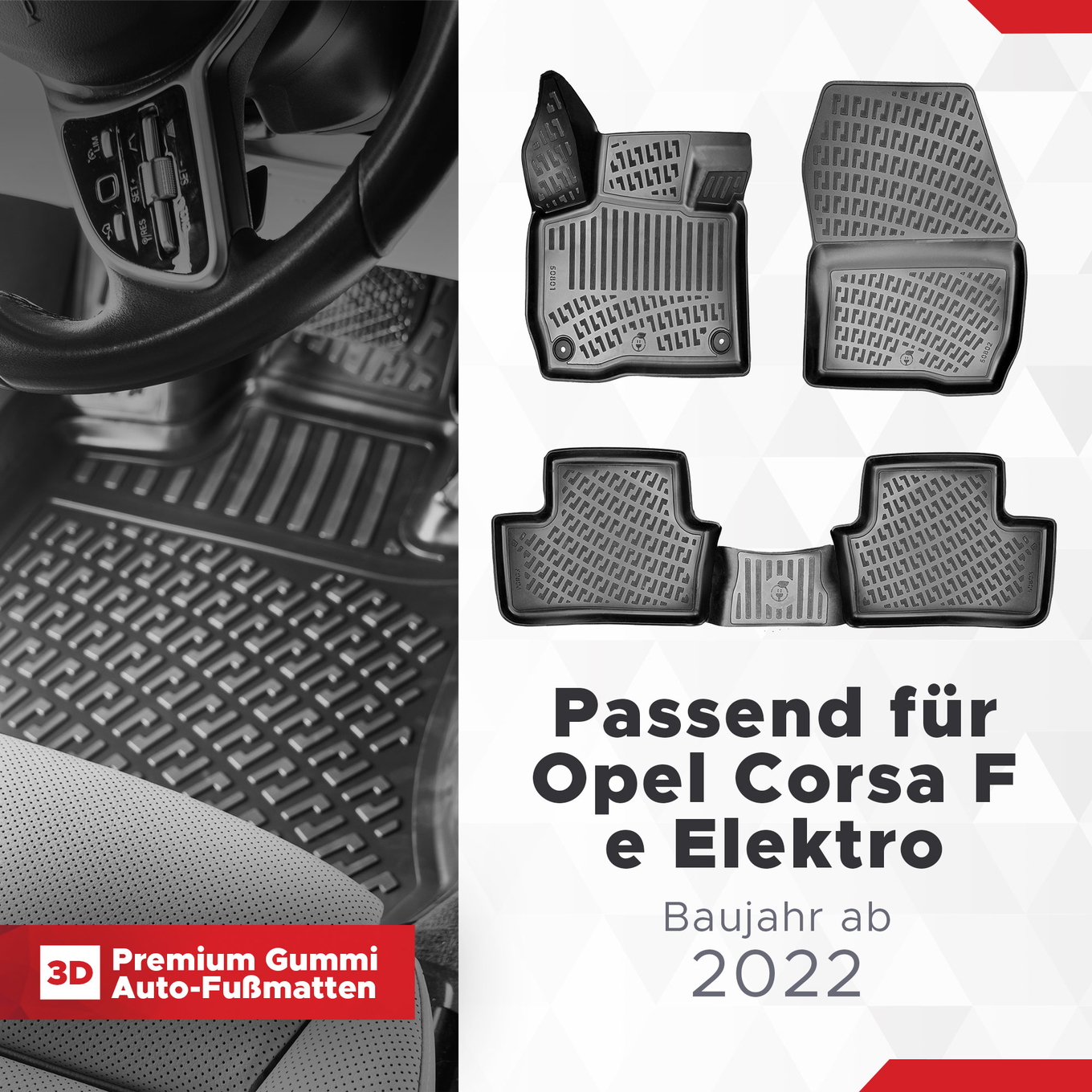 3D Auto Fussmatten Set passend für Opel Corsa F e Elektro Baujahr ab 2022 ( Passt Nicht in den normalen Verbrenner Corsa ) 1