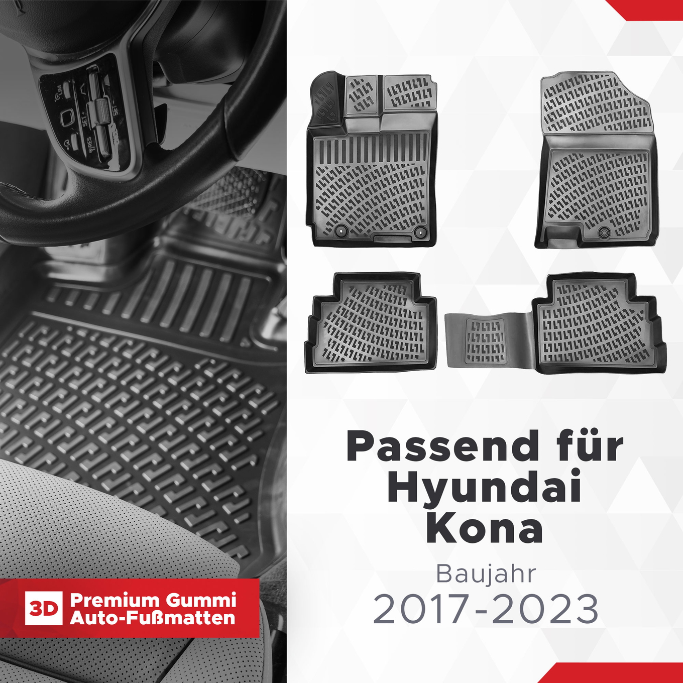3D Auto Fussmatten Set passend für Hyundai Kona Baujahr 2017-2023 ( passt nicht für Elektro und Hybridmodell ) 1