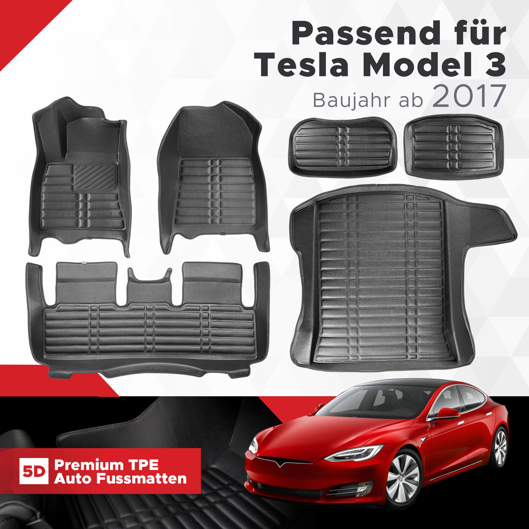 5D Premium Auto Fussmatten TPE Gesamtset passend für Tesla Model 3 Baujahr ab 2017