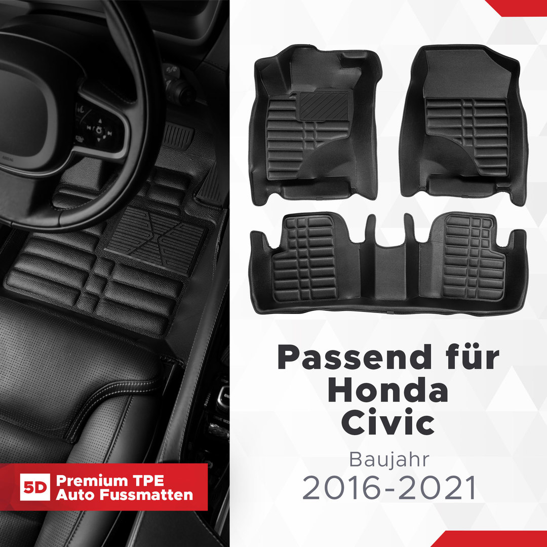 5D Premium Auto Fussmatten TPE Set passend für Honda Civic (10.Gen) Baujahr 2015-2021 1