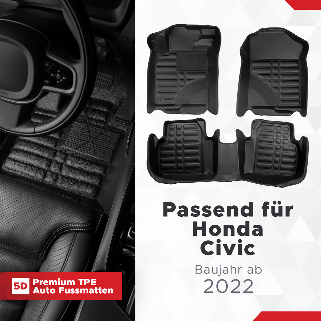 5D Premium Auto Fussmatten TPE Set passend für Honda Civic Baujahr ab 2022