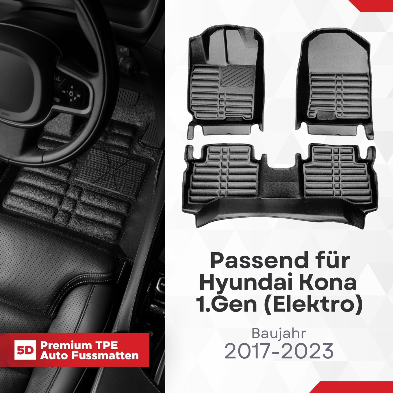 5D Premium Auto Fussmatten TPE Set passend für Hyundai Kona 1.Gen (Elektro) Baujahr 2017-2023 1