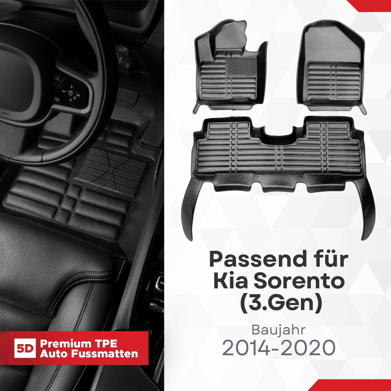 5D Premium Auto Fussmatten TPE Set passend für Kia Sorento (3.Gen) Baujahr 2014-2020 1