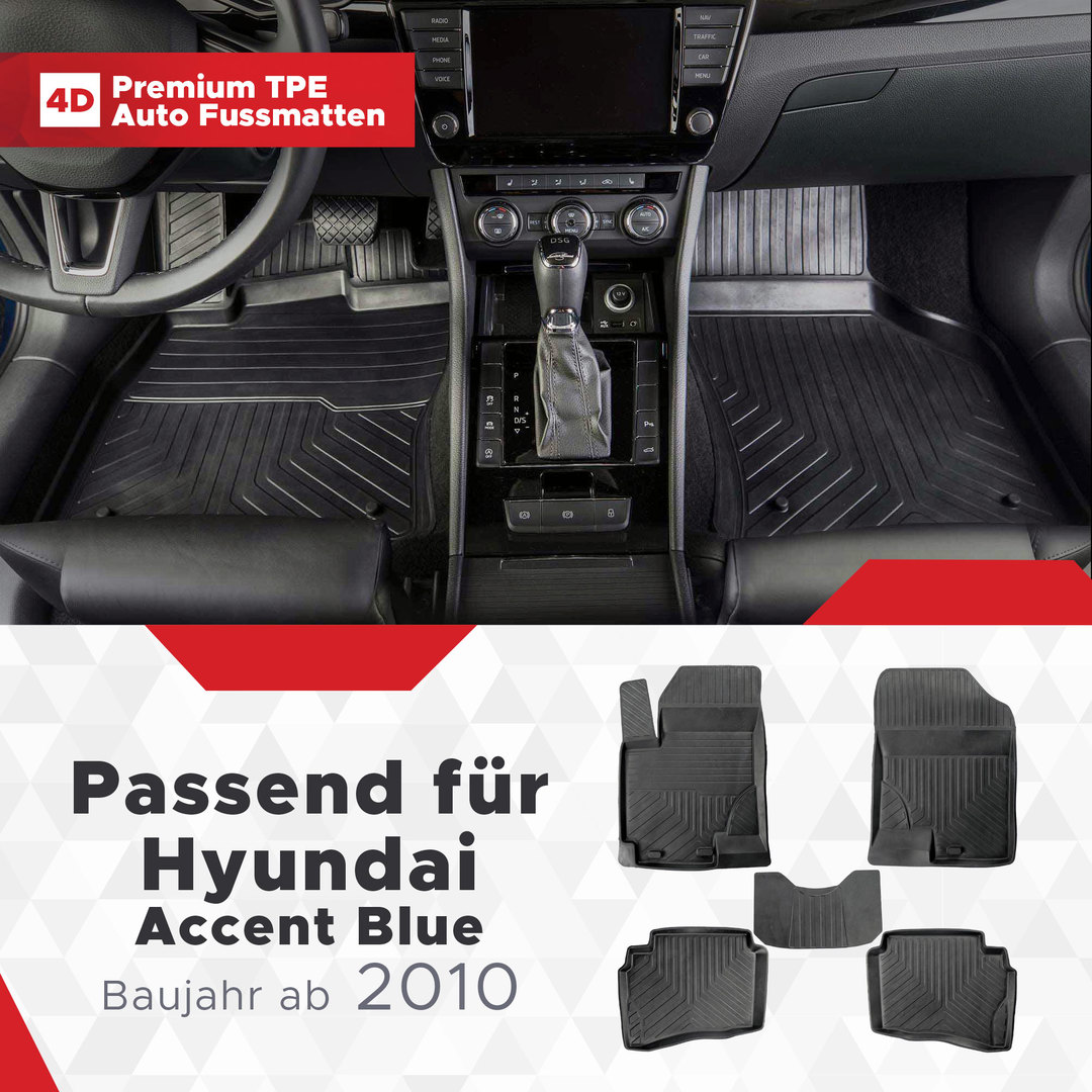 3D Premium Gummi Auto Fußmatten Set Passend für Hyundai Accent Blue Baujahr ab 2010