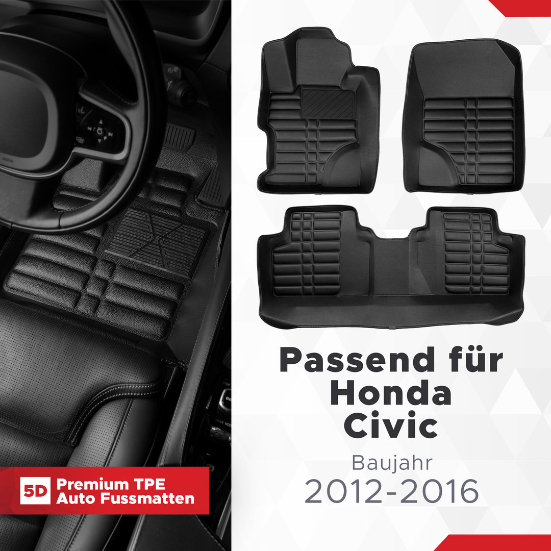 5D Premium Auto Fussmatten TPE Set passend für Honda Civic (9.Gen) Baujahr 2011-2015 1