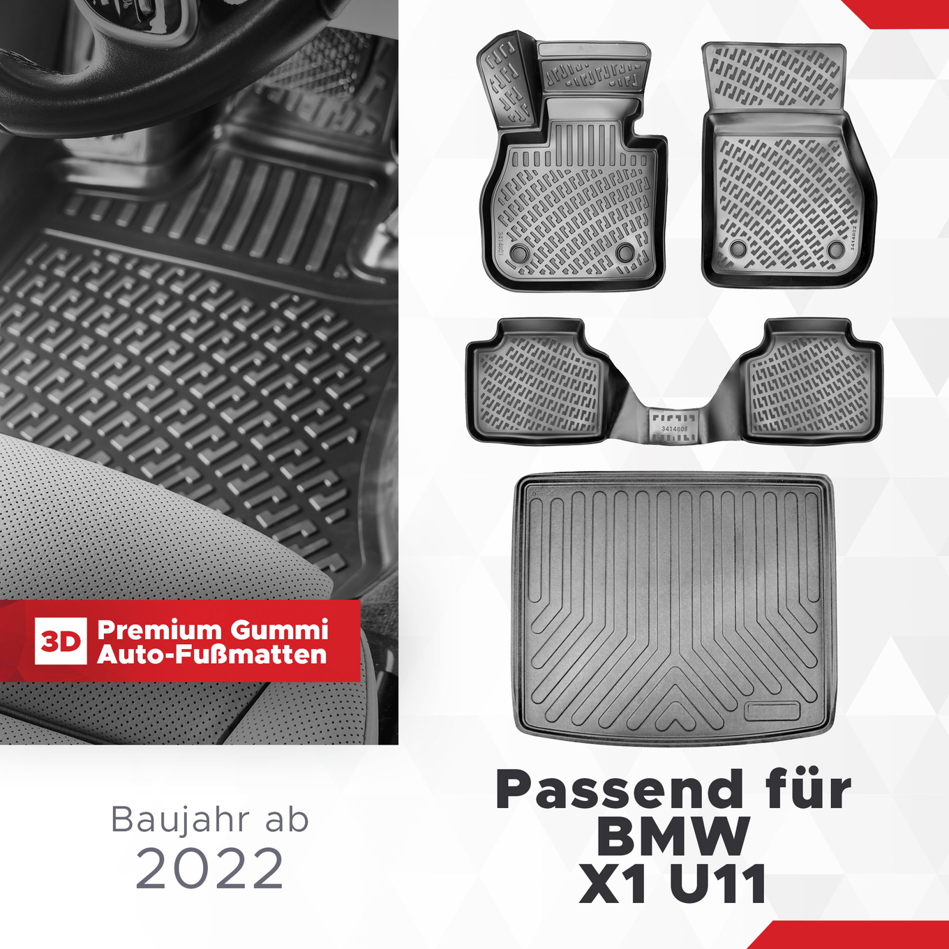 3D Auto Gummimatten & Kofferraumwanne Set für BMW X1 U11 ab 2022 (OBERER LADEBODEN)